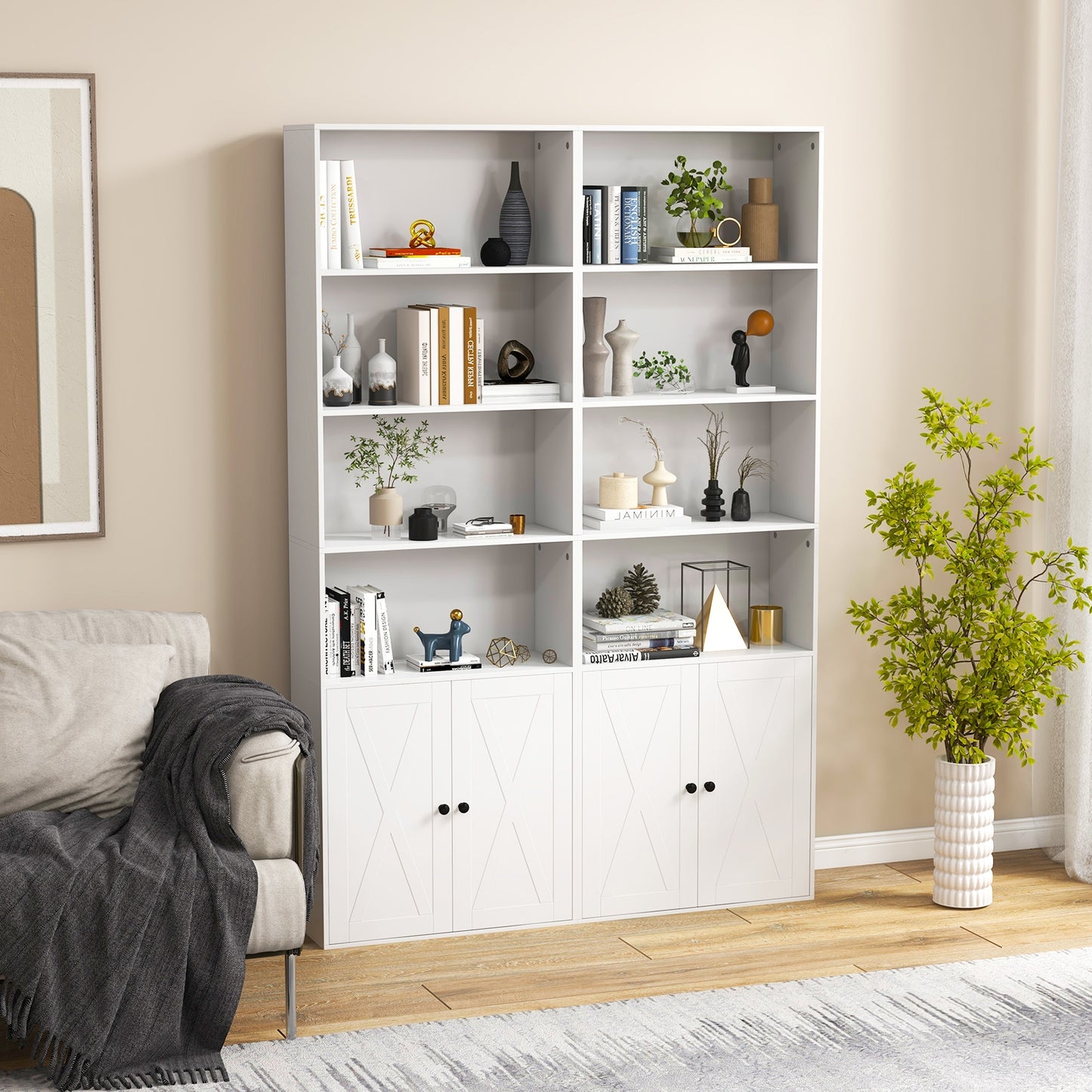 71 Inch Freestanding Bookshelf with 6 Shelves and 2-Door Cabinet-White Kids Crystal