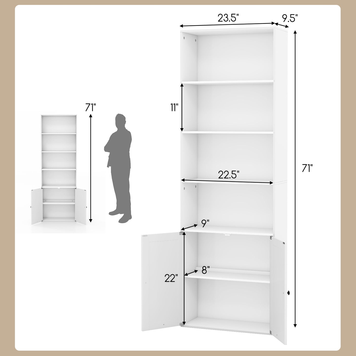 71 Inch Freestanding Bookshelf with 6 Shelves and 2-Door Cabinet-White Kids Crystal
