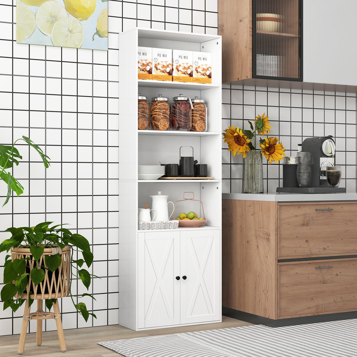 71 Inch Freestanding Bookshelf with 6 Shelves and 2-Door Cabinet-White Kids Crystal