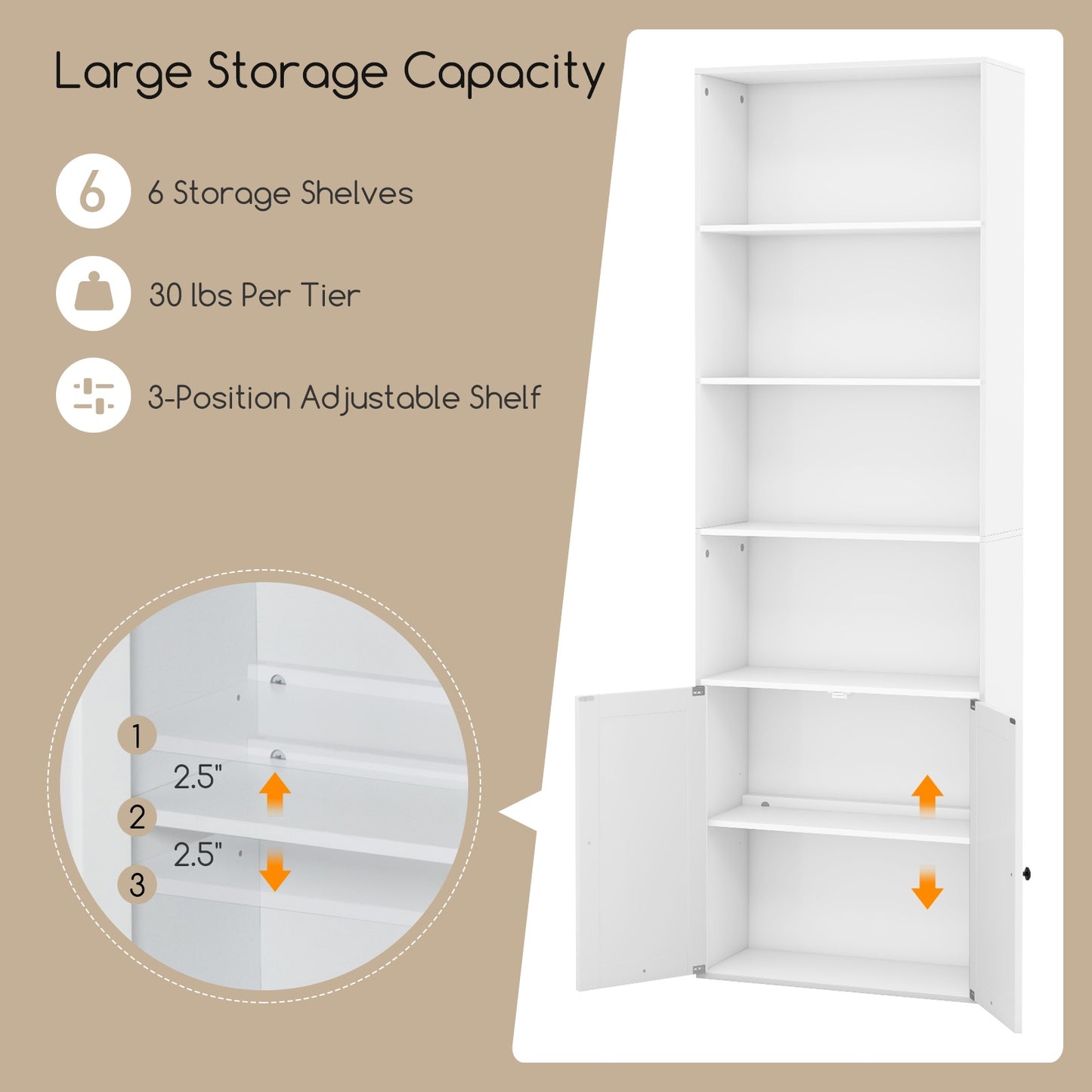 71 Inch Freestanding Bookshelf with 6 Shelves and 2-Door Cabinet-White Kids Crystal