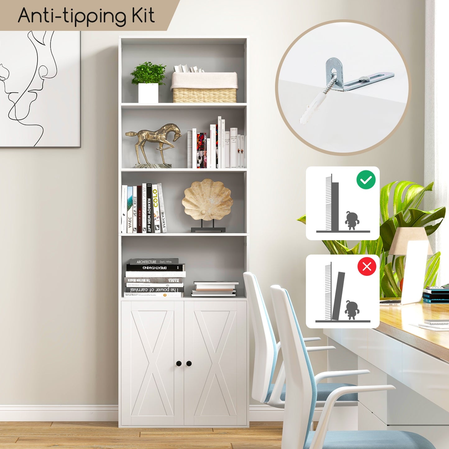 71 Inch Freestanding Bookshelf with 6 Shelves and 2-Door Cabinet-White Kids Crystal