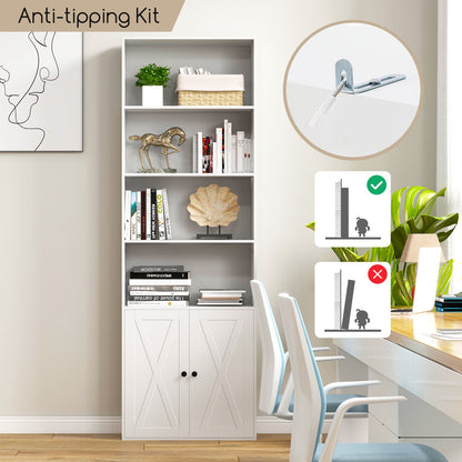 71 Inch Freestanding Bookshelf with 6 Shelves and 2-Door Cabinet-White