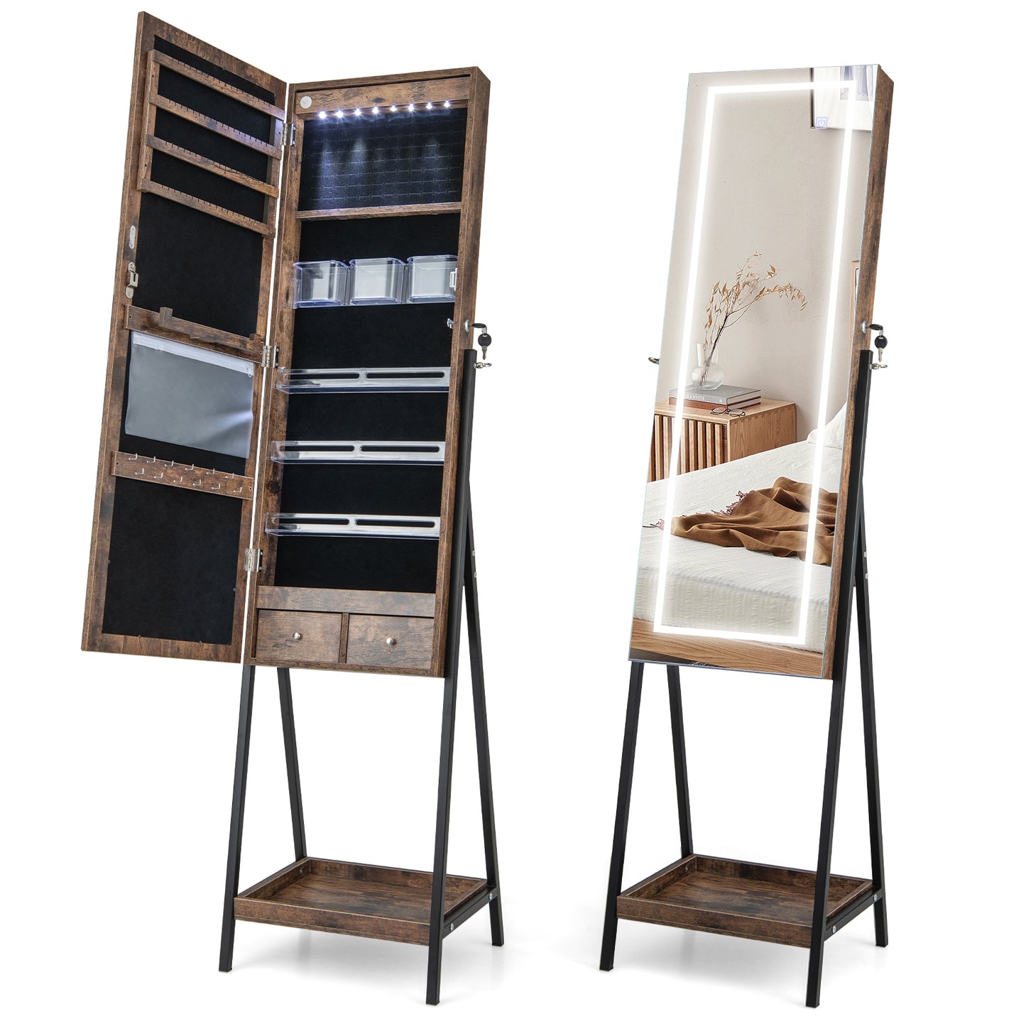 LED Standing Jewelry Mirror Cabinet with 3-Color Lighted Full-Length Mirror-Rustic Brown Kids Crystal