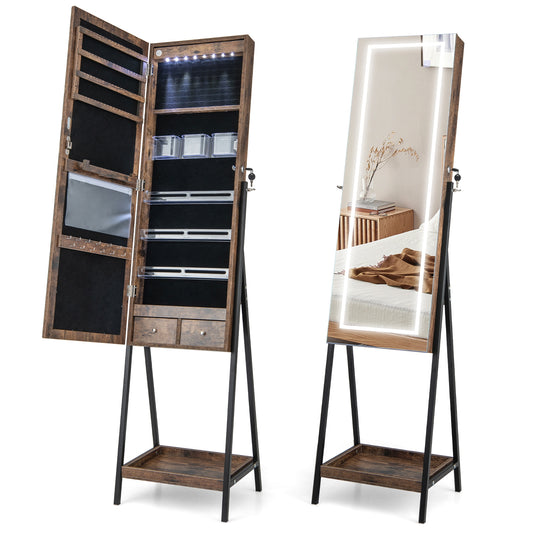 LED Standing Jewelry Mirror Cabinet with 3-Color Lighted Full-Length Mirror-Rustic Brown Kids Crystal