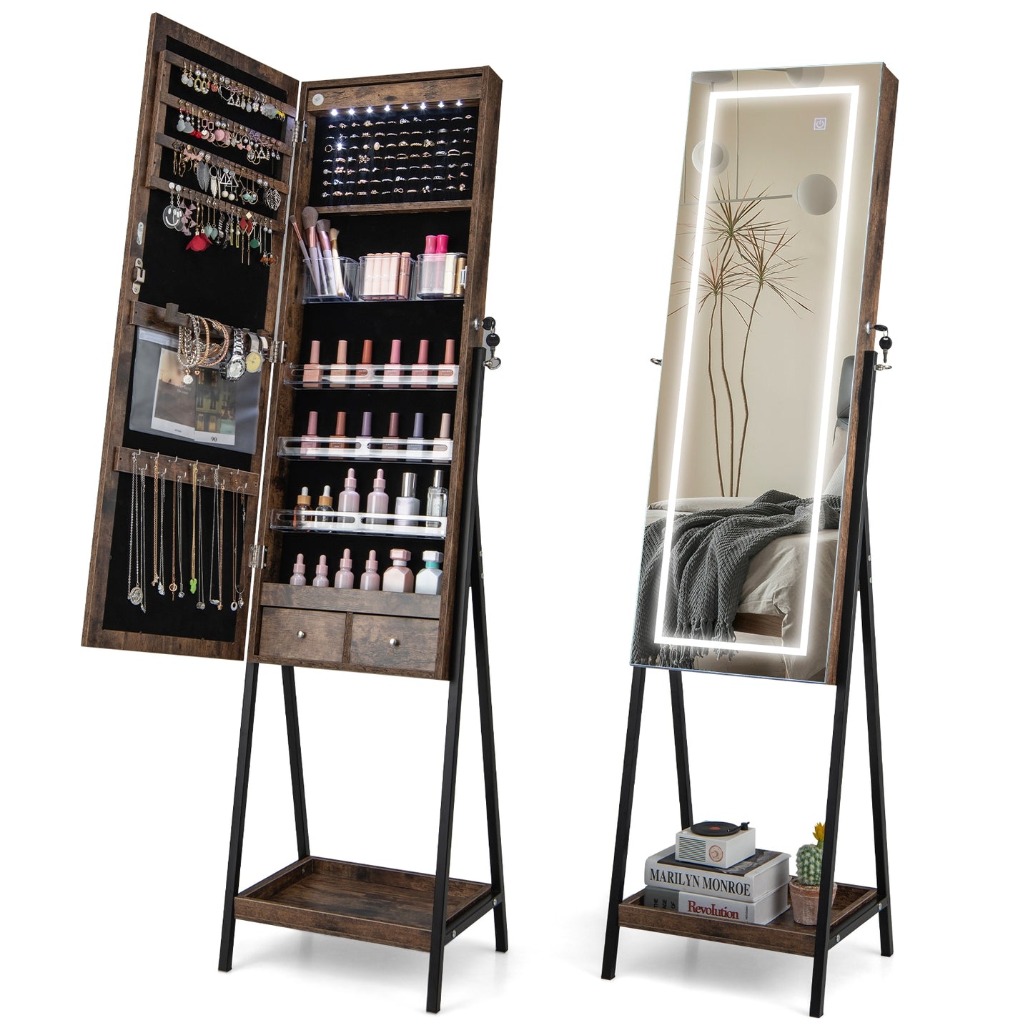 LED Standing Jewelry Mirror Cabinet with 3-Color Lighted Full-Length Mirror-Rustic Brown Kids Crystal