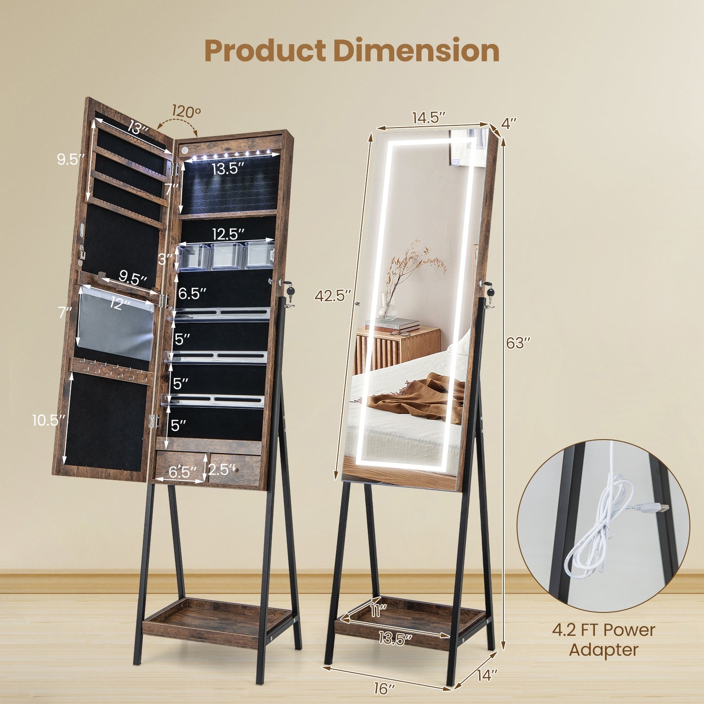 LED Standing Jewelry Mirror Cabinet with 3-Color Lighted Full-Length Mirror-Rustic Brown Kids Crystal