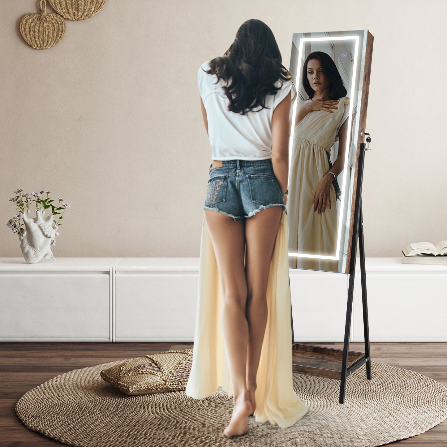 LED Standing Jewelry Mirror Cabinet with 3-Color Lighted Full-Length Mirror-Rustic Brown Kids Crystal