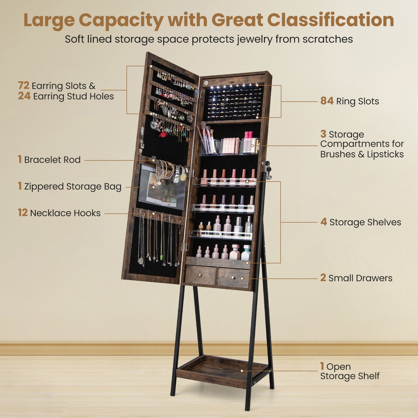 LED Standing Jewelry Mirror Cabinet with 3-Color Lighted Full-Length Mirror-Rustic Brown Kids Crystal