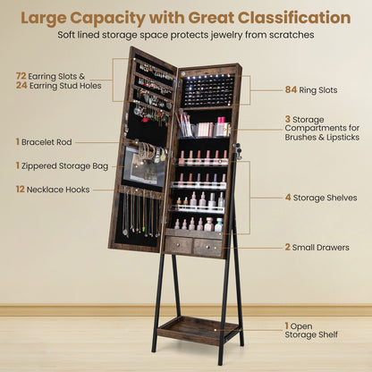 LED Standing Jewelry Mirror Cabinet with 3-Color Lighted Full-Length Mirror-Rustic Brown