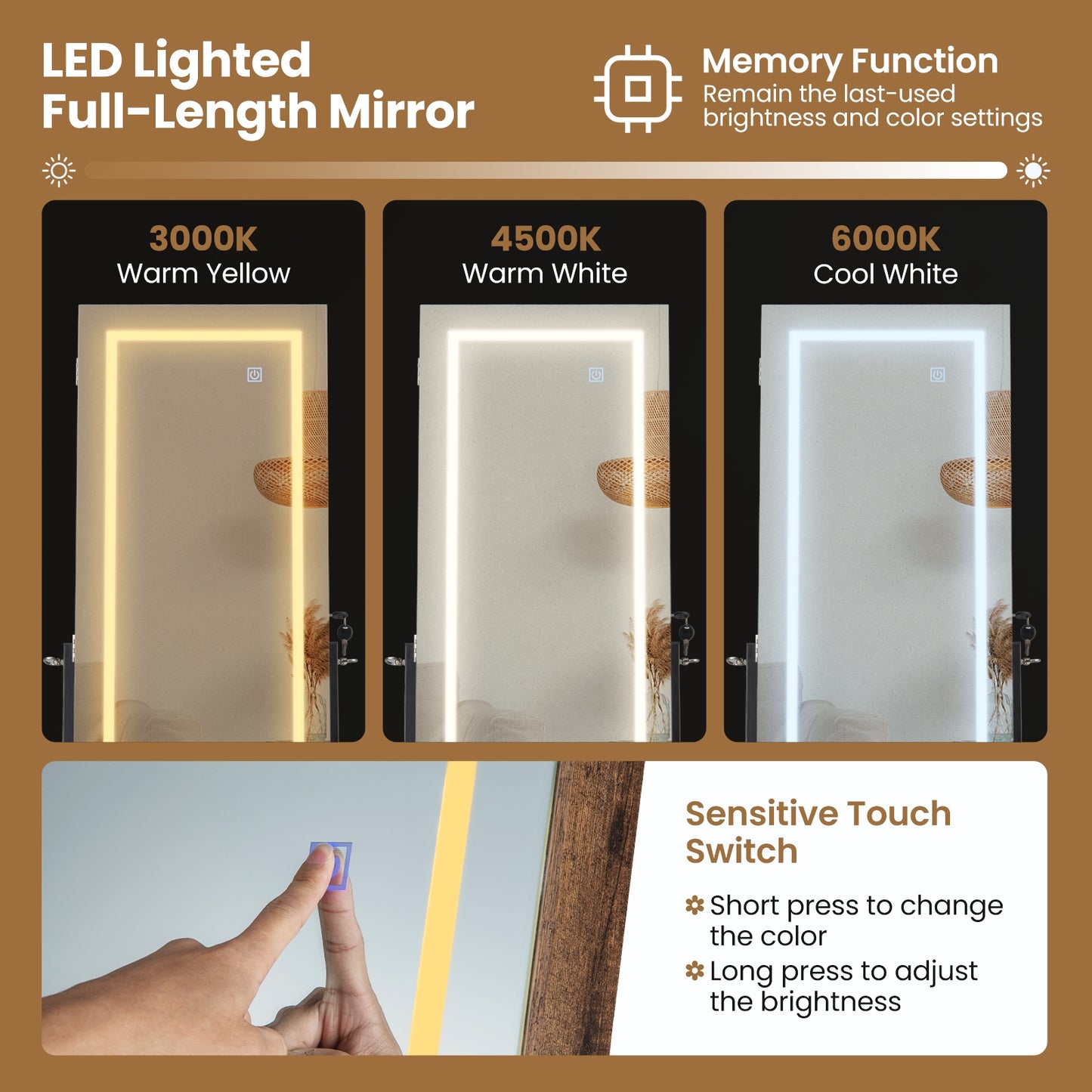 LED Standing Jewelry Mirror Cabinet with 3-Color Lighted Full-Length Mirror-Rustic Brown Kids Crystal