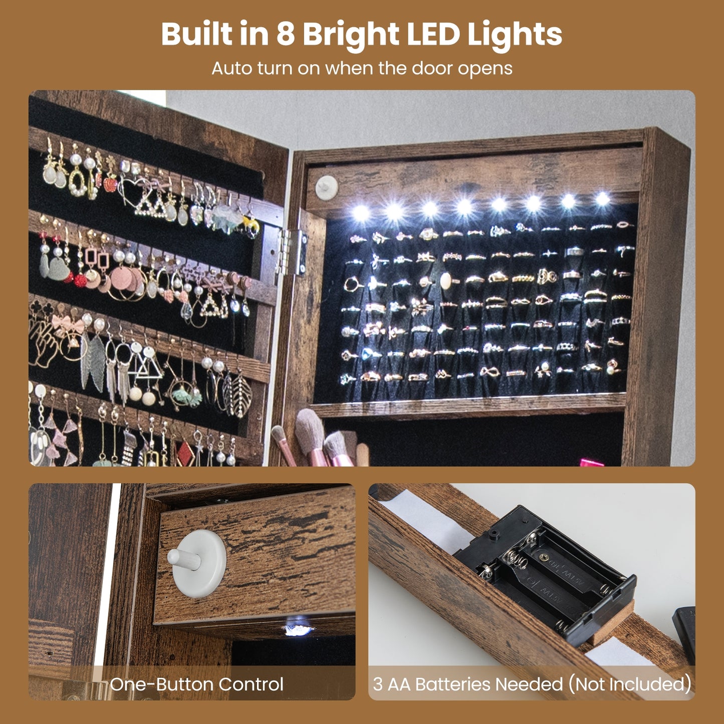 LED Standing Jewelry Mirror Cabinet with 3-Color Lighted Full-Length Mirror-Rustic Brown Kids Crystal