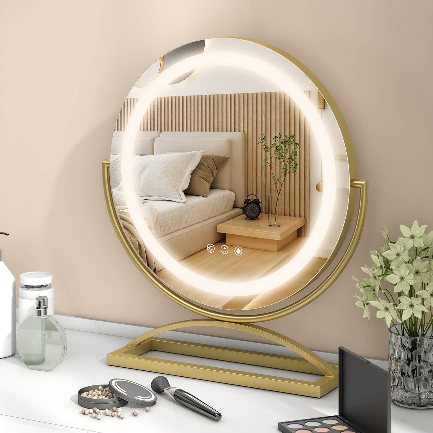 16 Inch Round Makeup Vanity Mirror with 3 Color Dimmable LED Lighting-Golden Kids Crystal