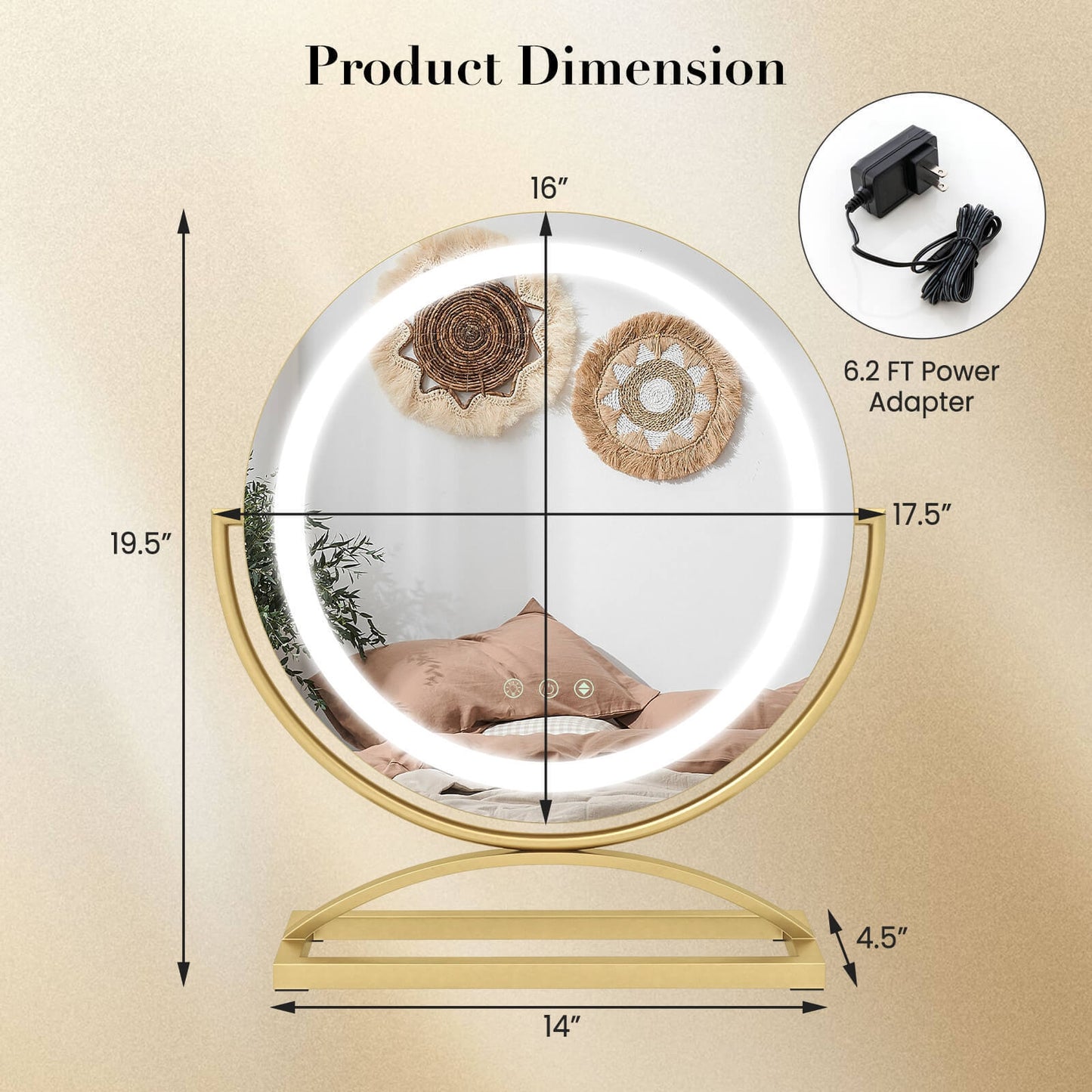 16 Inch Round Makeup Vanity Mirror with 3 Color Dimmable LED Lighting-Golden Kids Crystal