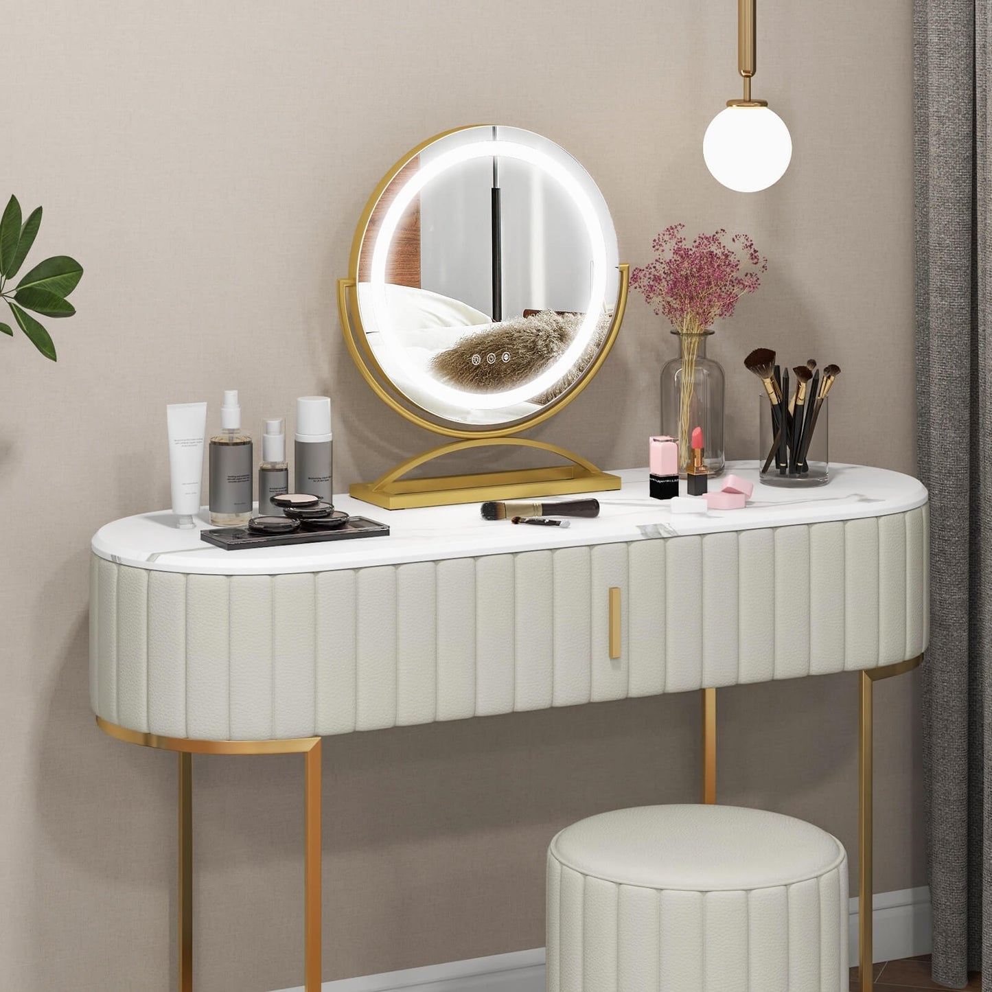 16 Inch Round Makeup Vanity Mirror with 3 Color Dimmable LED Lighting-Golden Kids Crystal