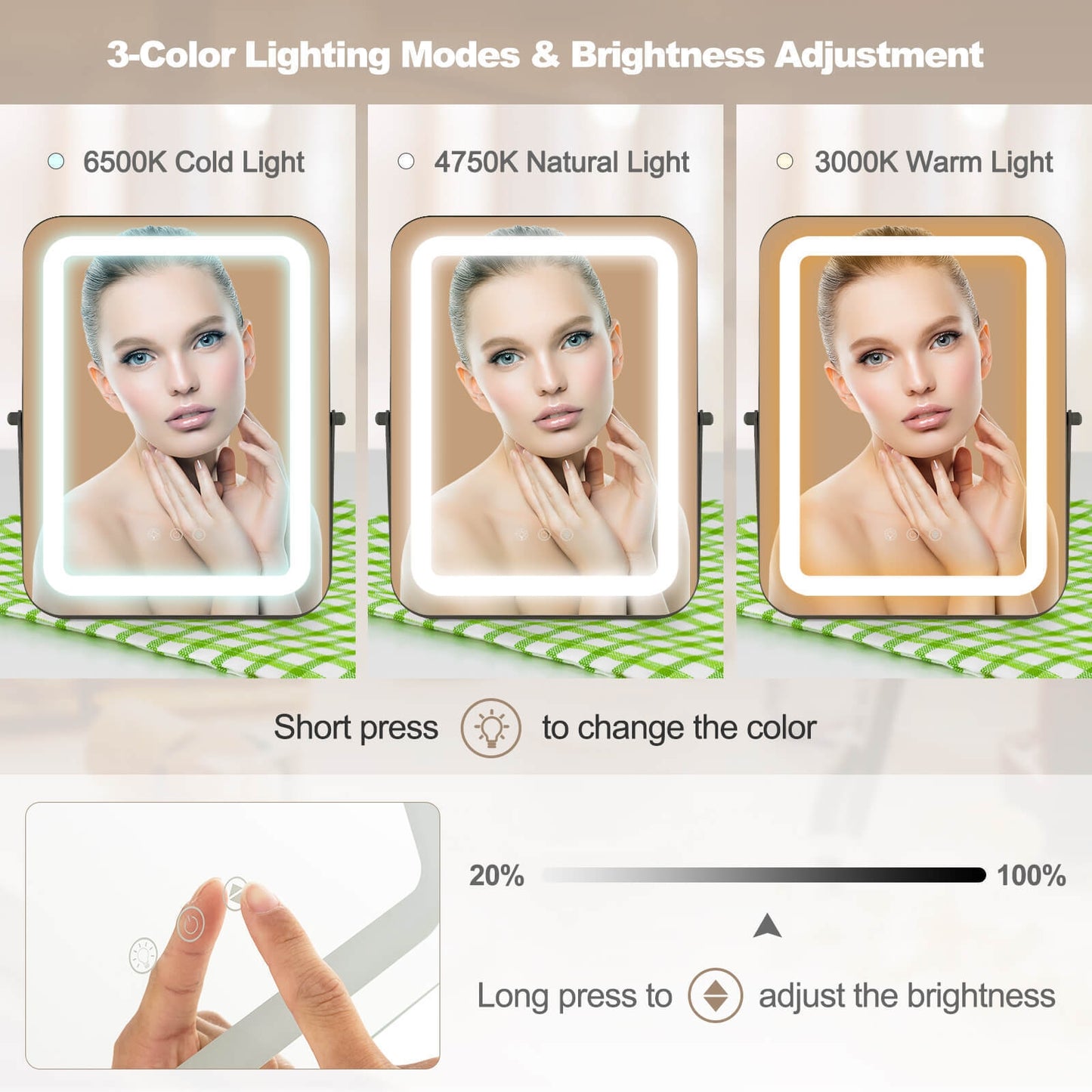 16 x 12 Inch Rectangular Vanity Makeup Mirror with 3 Color Dimmable Lighting-Black Kids Crystal