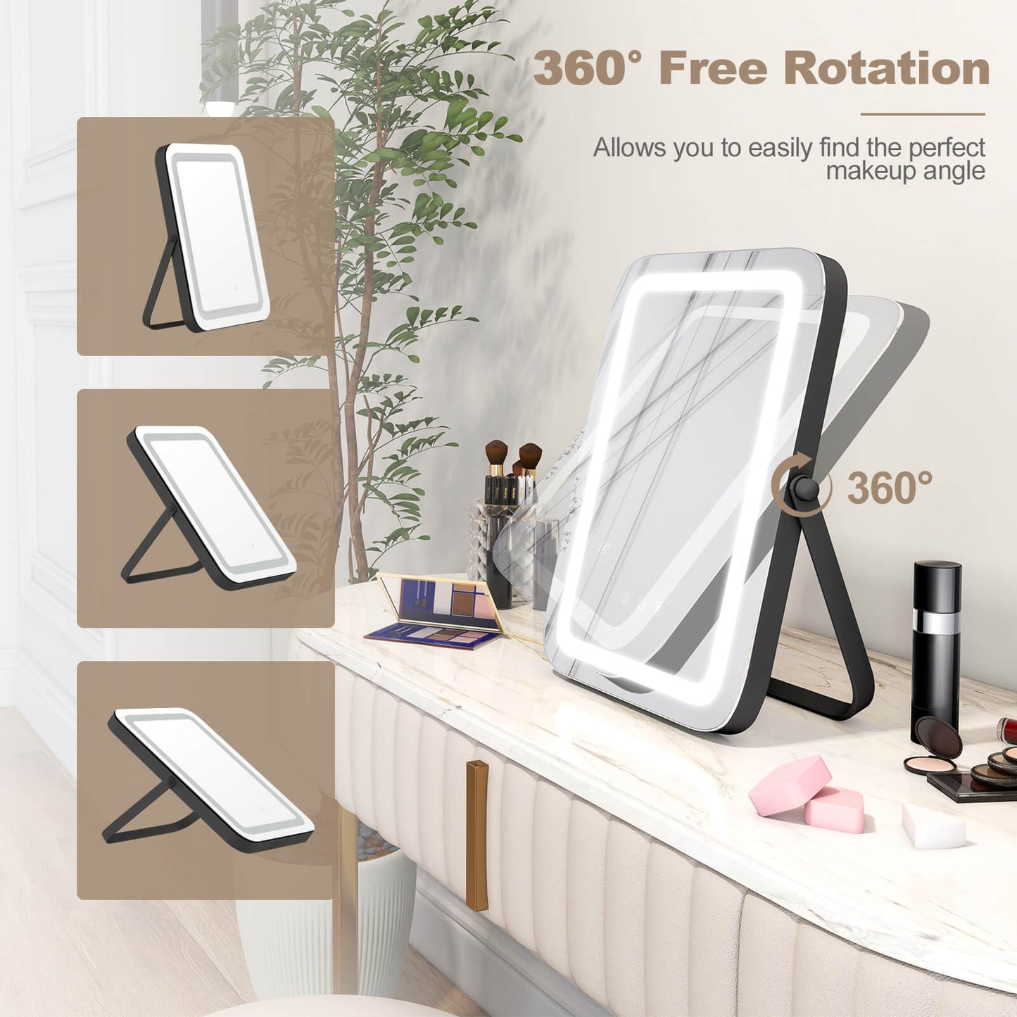16 x 12 Inch Rectangular Vanity Makeup Mirror with 3 Color Dimmable Lighting-Black Kids Crystal
