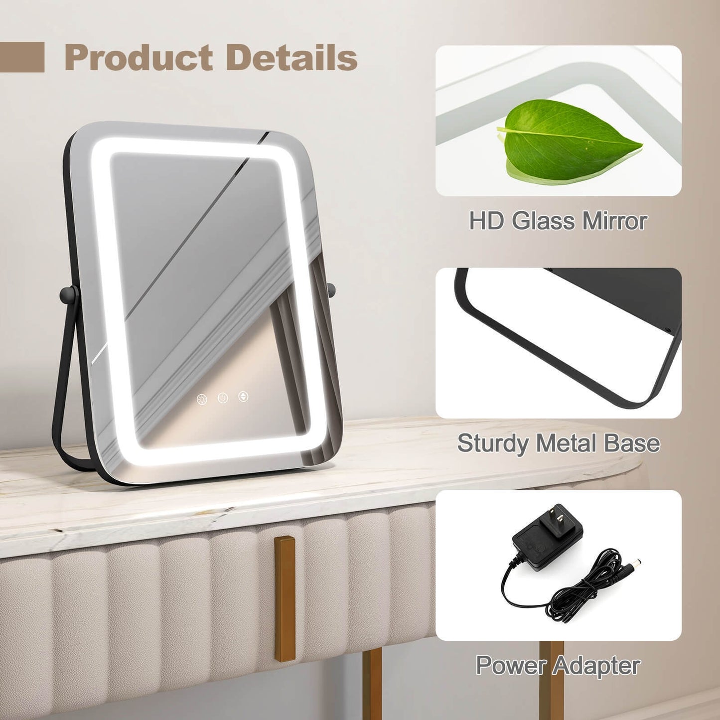 16 x 12 Inch Rectangular Vanity Makeup Mirror with 3 Color Dimmable Lighting-Black Kids Crystal
