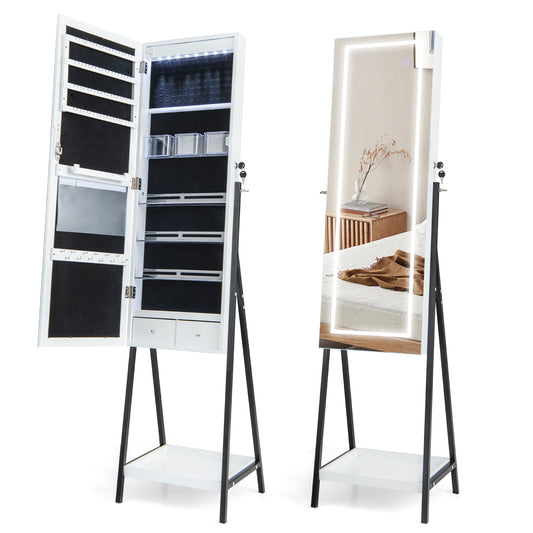 LED Standing Jewelry Mirror Cabinet with 3-Color Lighted Full-Length Mirror-White Kids Crystal