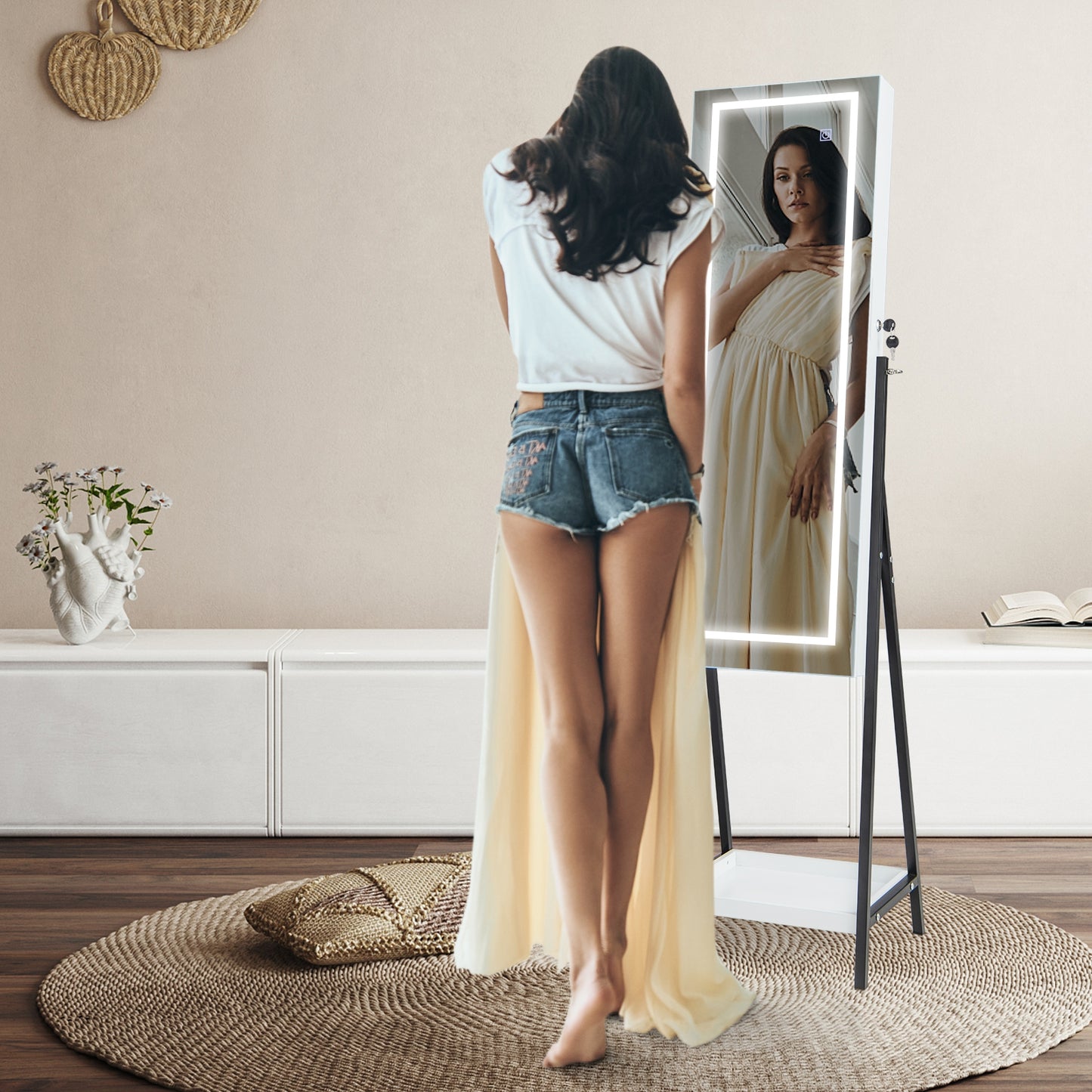 LED Standing Jewelry Mirror Cabinet with 3-Color Lighted Full-Length Mirror-White Kids Crystal