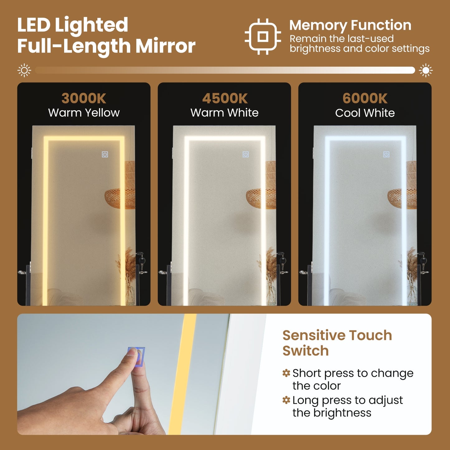 LED Standing Jewelry Mirror Cabinet with 3-Color Lighted Full-Length Mirror-White Kids Crystal