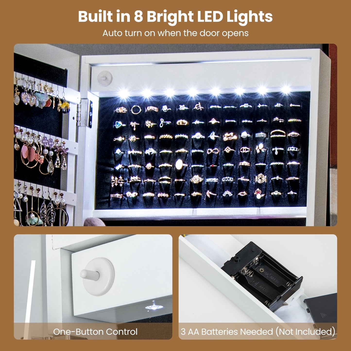 LED Standing Jewelry Mirror Cabinet with 3-Color Lighted Full-Length Mirror-White Kids Crystal