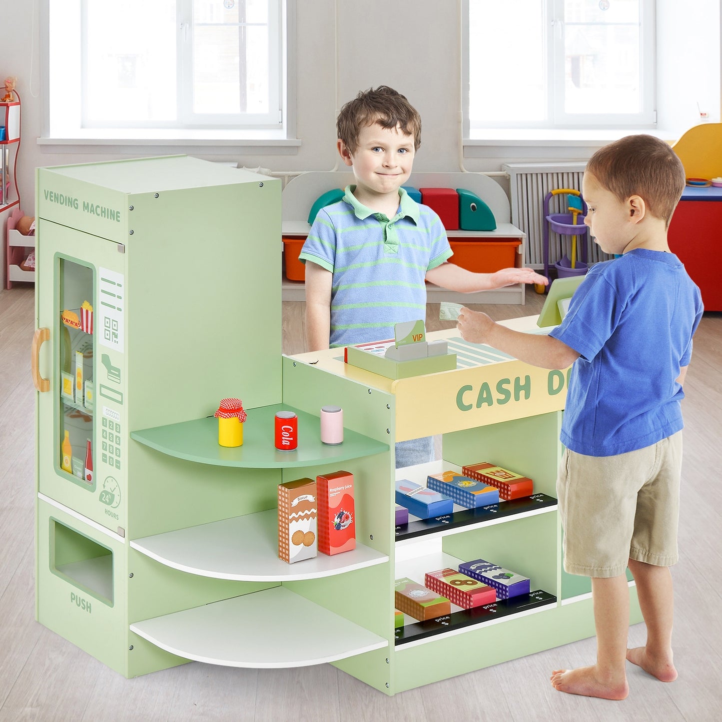 Kids Wooden Supermarket Play Toy Set with Checkout Counter-Green Kids Crystal