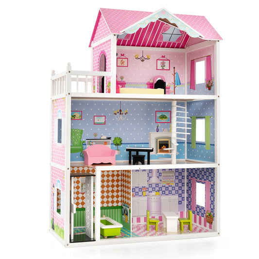Wooden Dollhouse with Working Elevator and Rotatable Staircase-Pink Kids Crystal