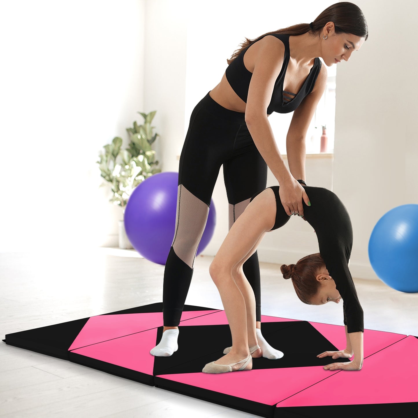 8 Feet PU Leather Folding Gymnastics Mat with Hook and Loop Fasteners-Heart Pink Kids Crystal