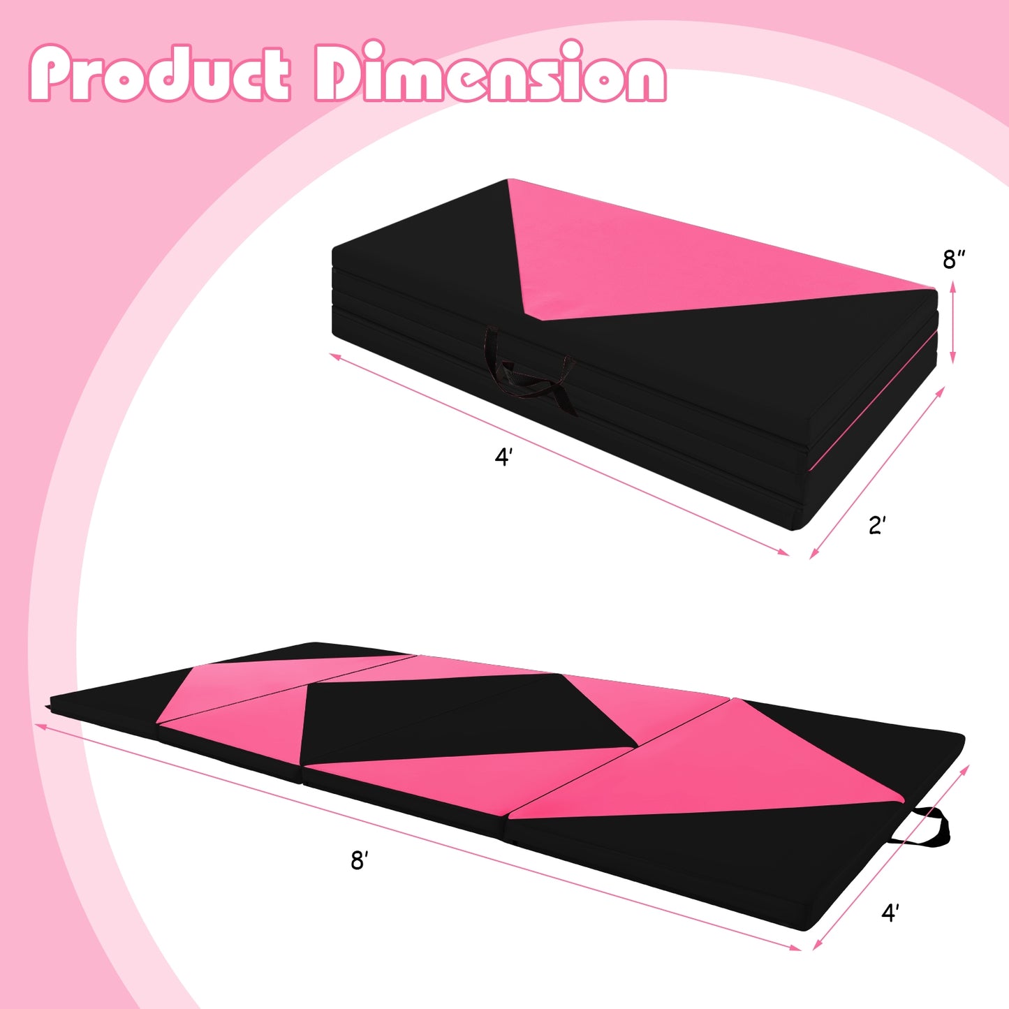 8 Feet PU Leather Folding Gymnastics Mat with Hook and Loop Fasteners-Heart Pink Kids Crystal
