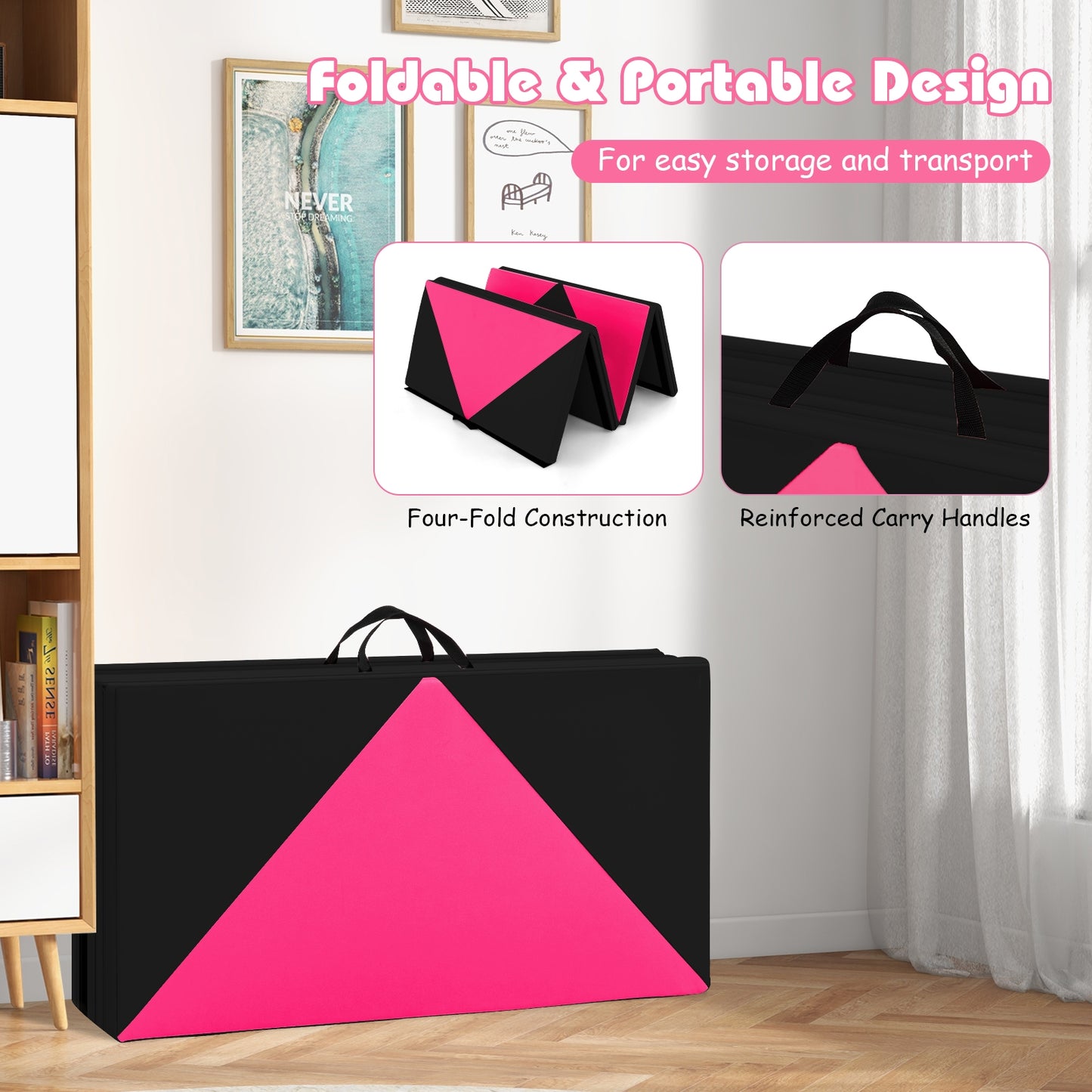 8 Feet PU Leather Folding Gymnastics Mat with Hook and Loop Fasteners-Heart Pink Kids Crystal