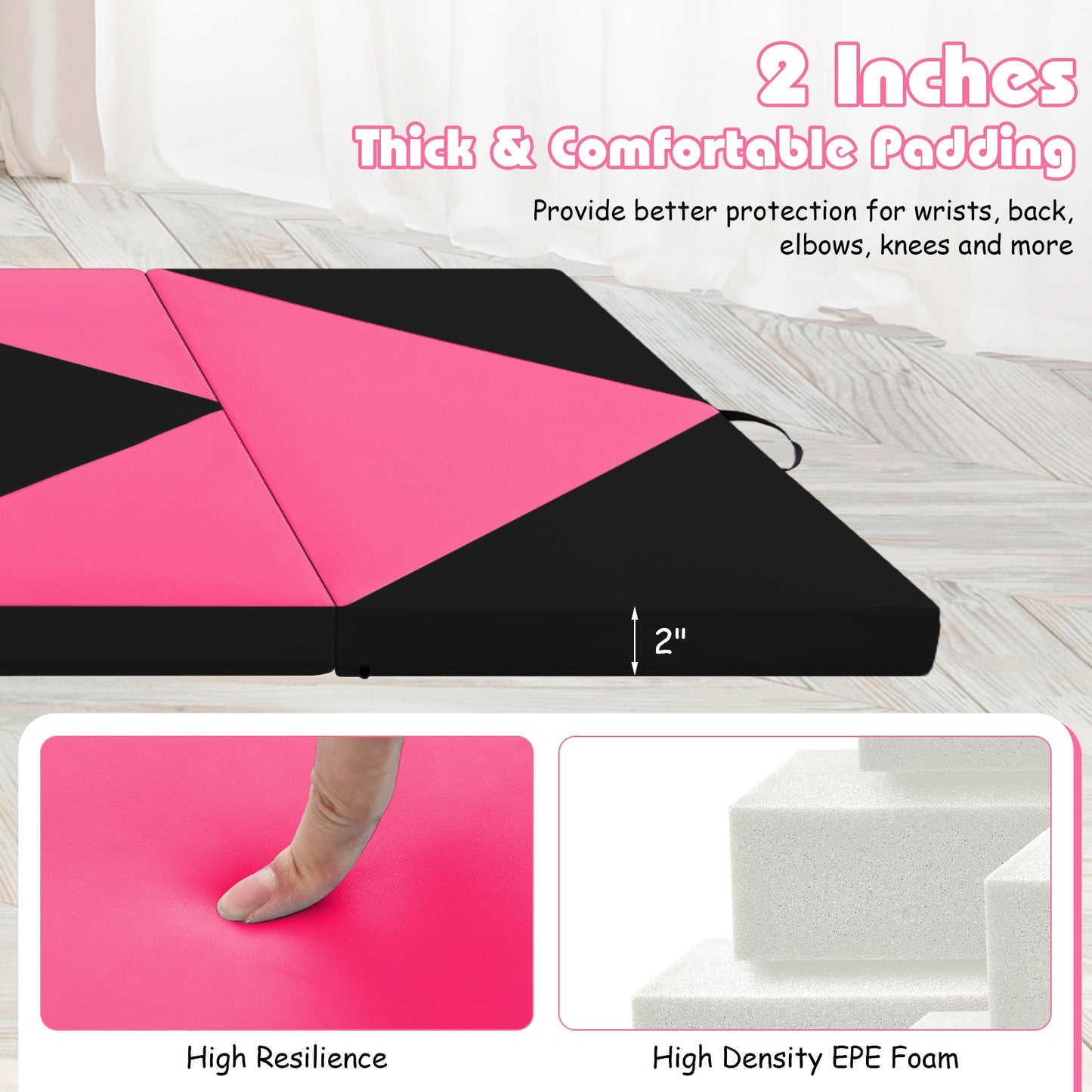 8 Feet PU Leather Folding Gymnastics Mat with Hook and Loop Fasteners-Heart Pink Kids Crystal