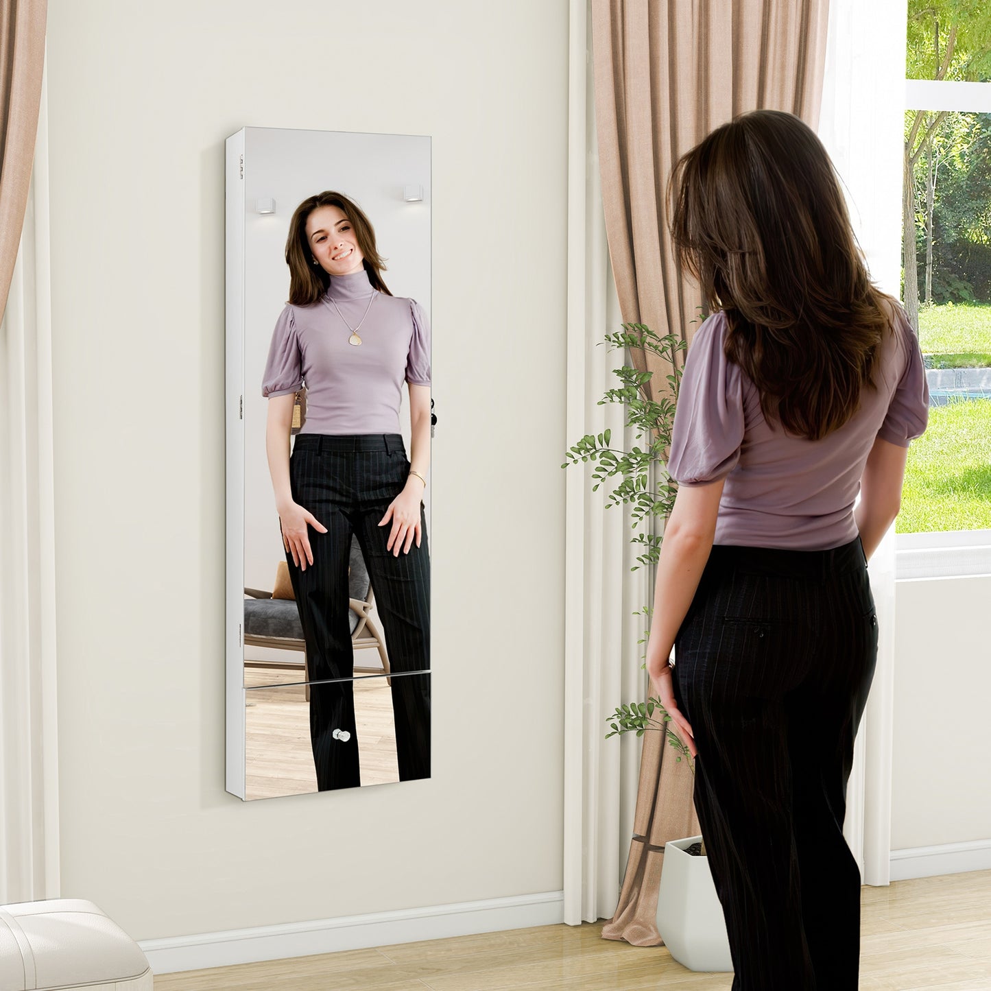 Wall Mounted Jewelry Armoire Organizer with Full-Length Frameless Mirror-White Kids Crystal