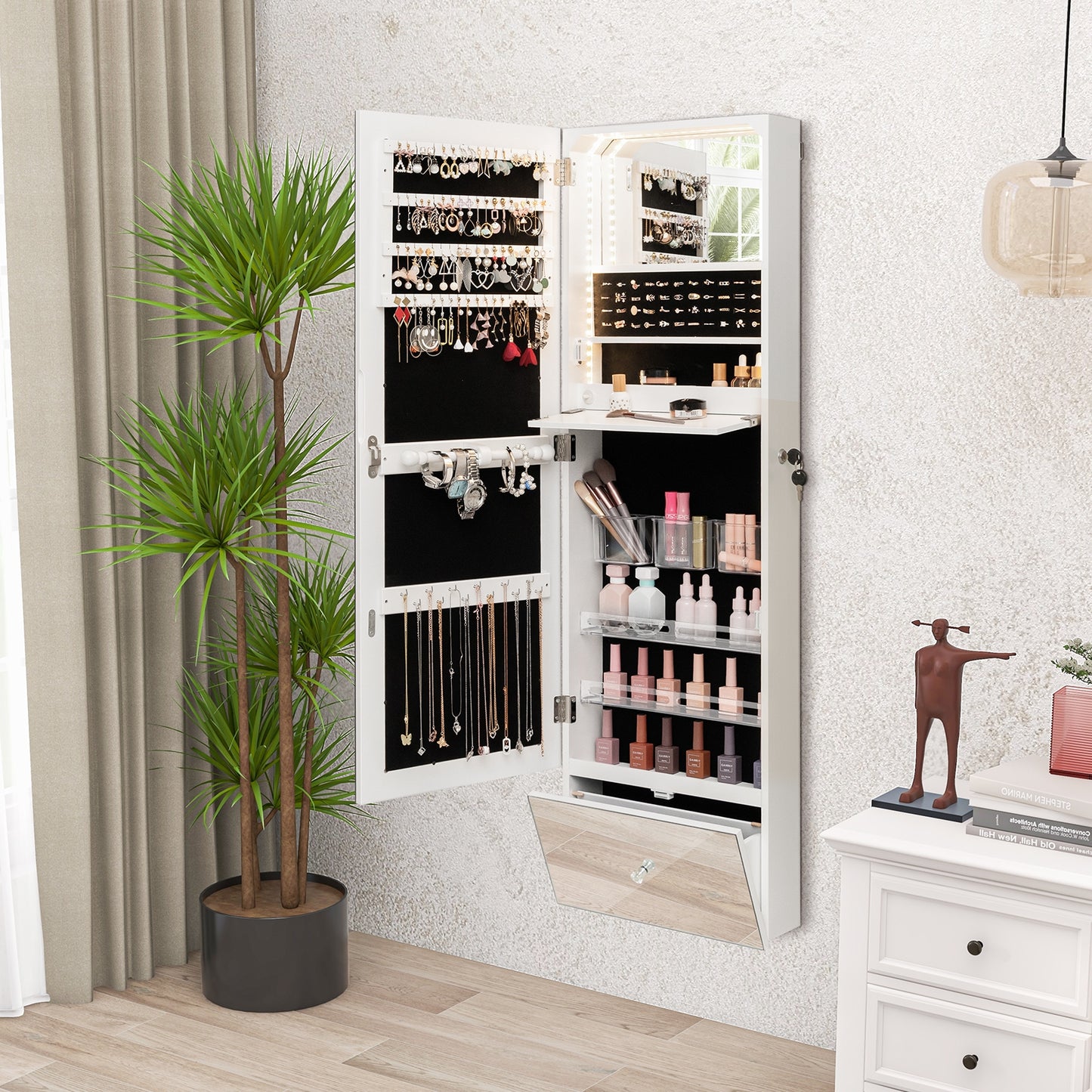 Wall Mounted Jewelry Armoire Organizer with Full-Length Frameless Mirror-White Kids Crystal
