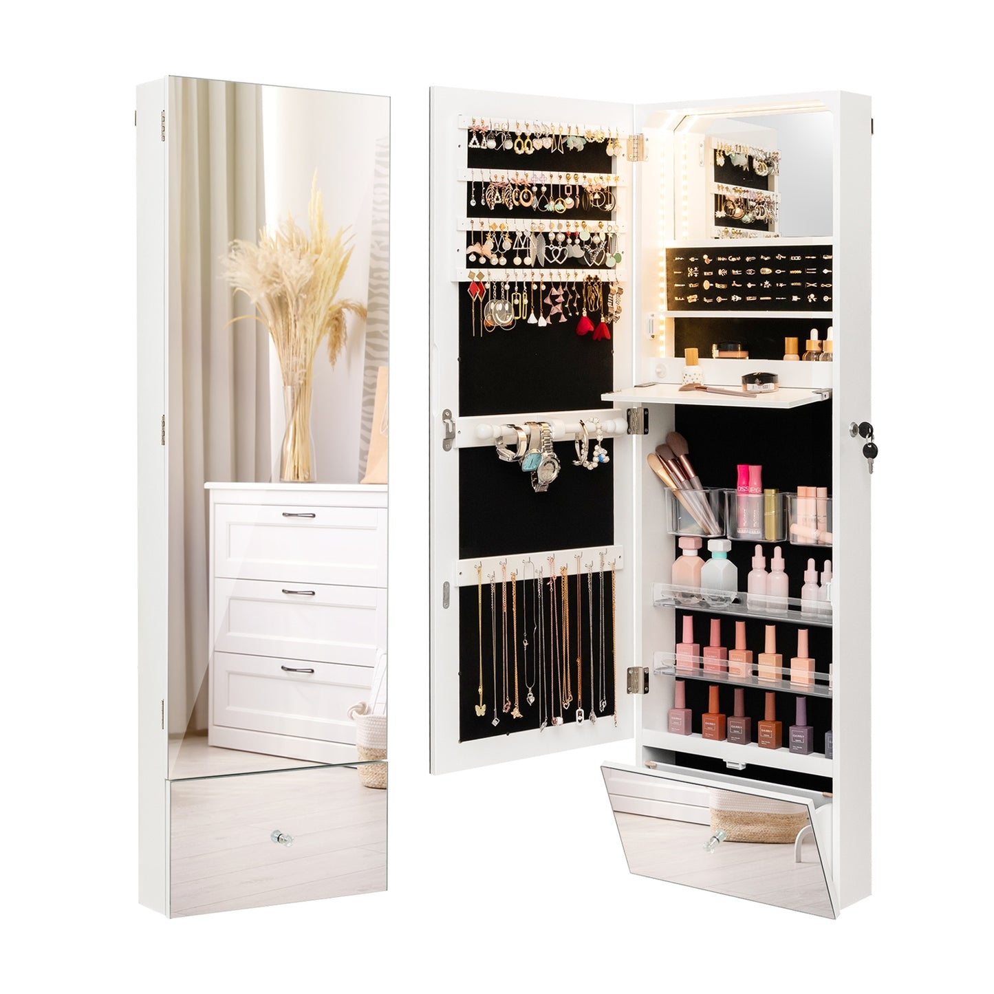 Wall Mounted Jewelry Armoire Organizer with Full-Length Frameless Mirror-White Kids Crystal