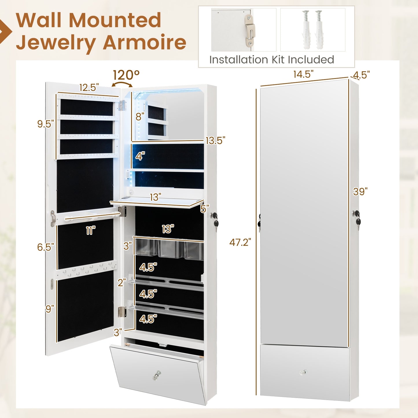 Wall Mounted Jewelry Armoire Organizer with Full-Length Frameless Mirror-White Kids Crystal