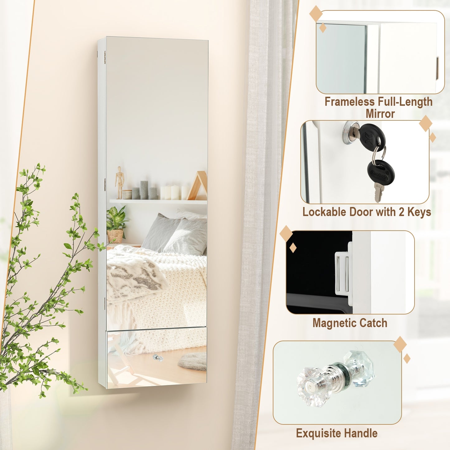 Wall Mounted Jewelry Armoire Organizer with Full-Length Frameless Mirror-White Kids Crystal