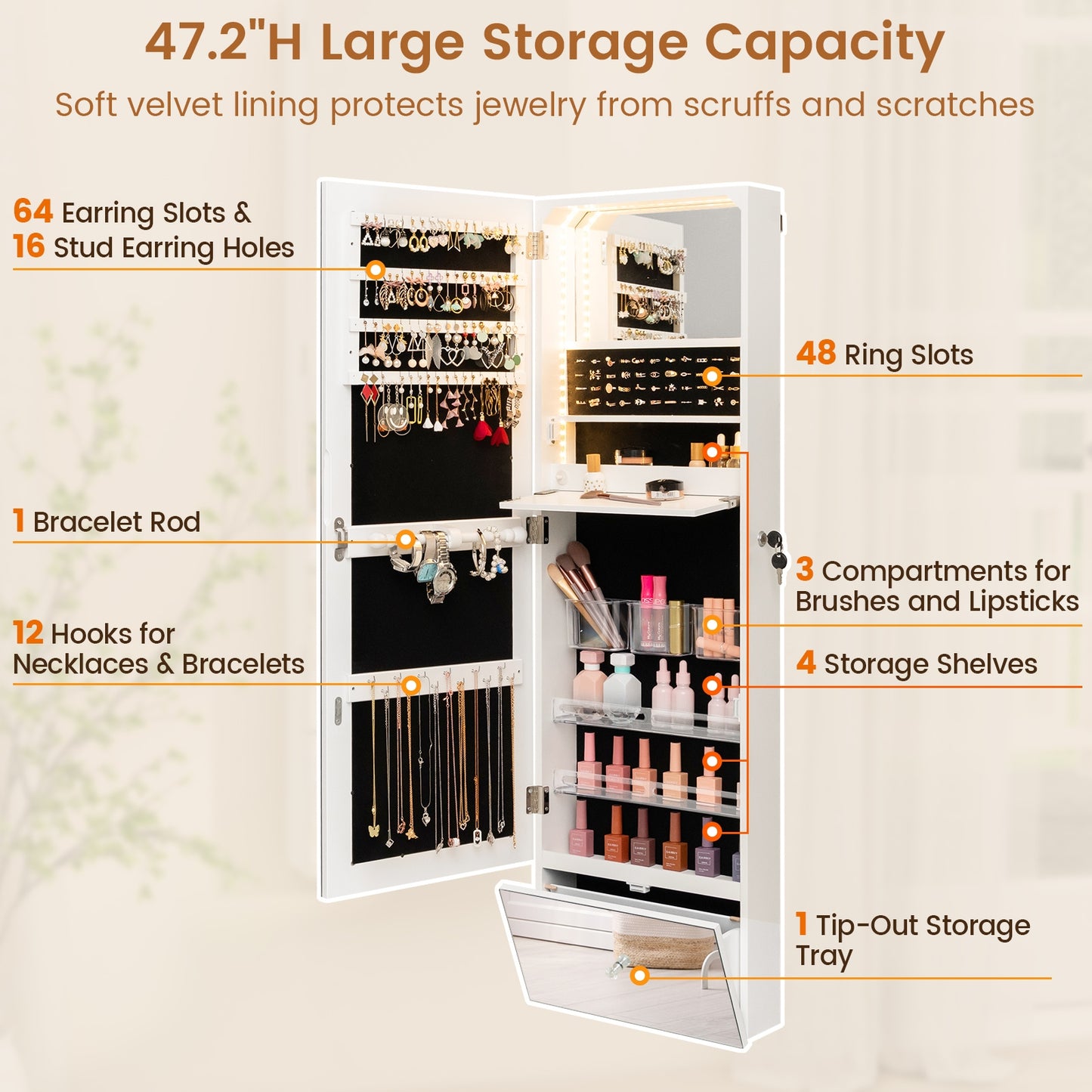 Wall Mounted Jewelry Armoire Organizer with Full-Length Frameless Mirror-White Kids Crystal