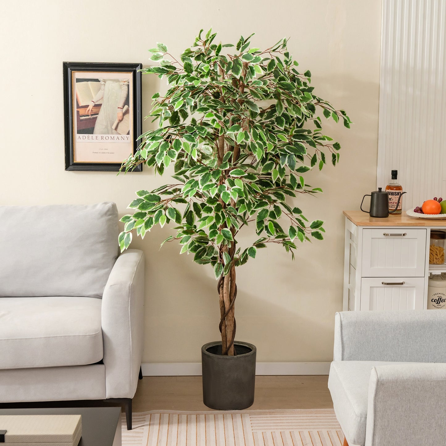 Artificial Ficus Tree Tall Faux Indoor Plant with 1008 Leaves Nursery Pot and Dried Moss Kids Crystal