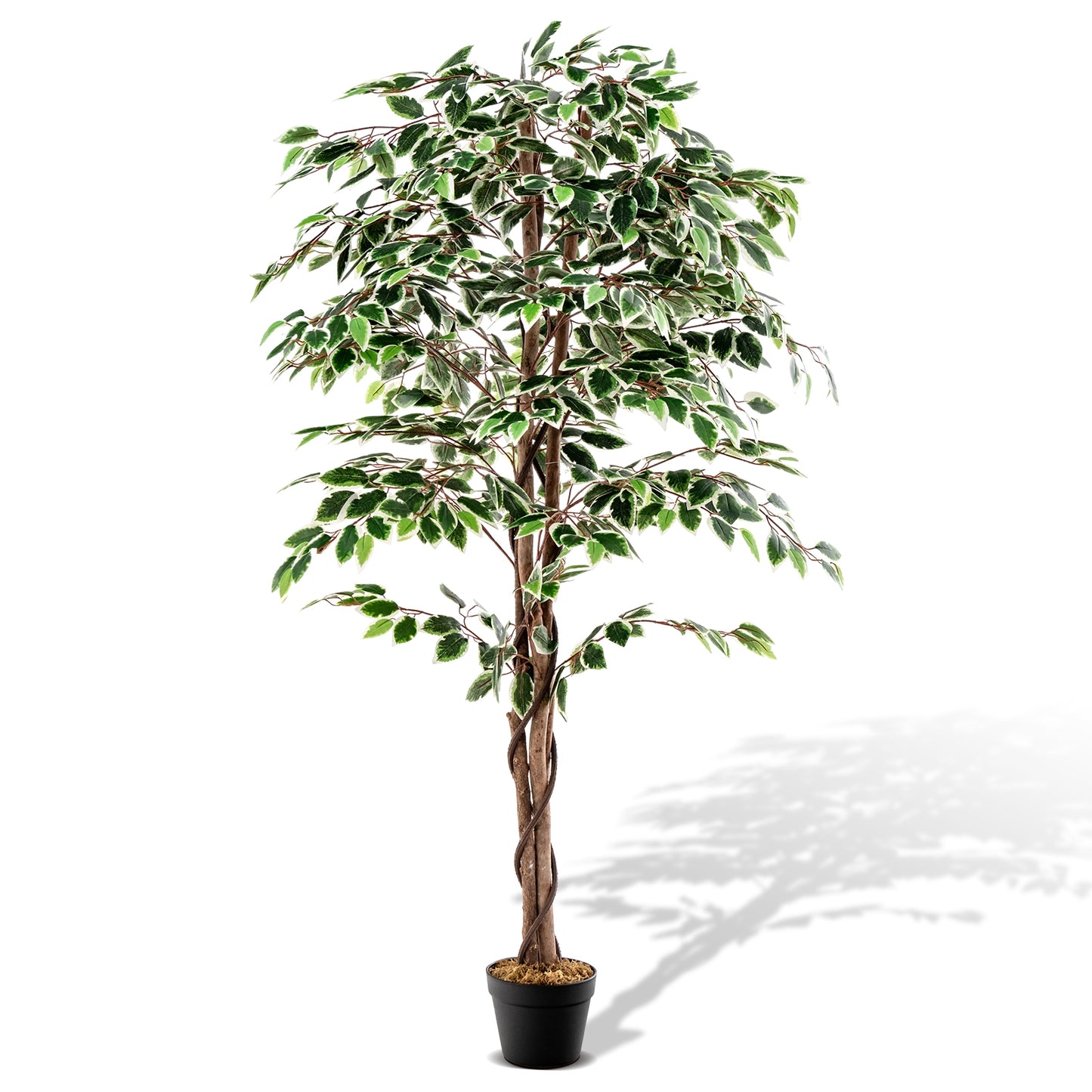 Artificial Ficus Tree Tall Faux Indoor Plant with 1008 Leaves Nursery Pot and Dried Moss Kids Crystal