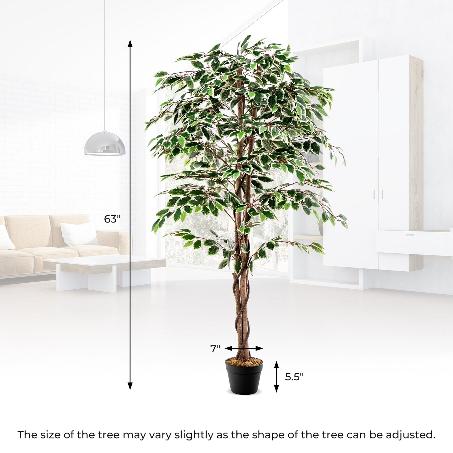 Artificial Ficus Tree Tall Faux Indoor Plant with 1008 Leaves Nursery Pot and Dried Moss Kids Crystal