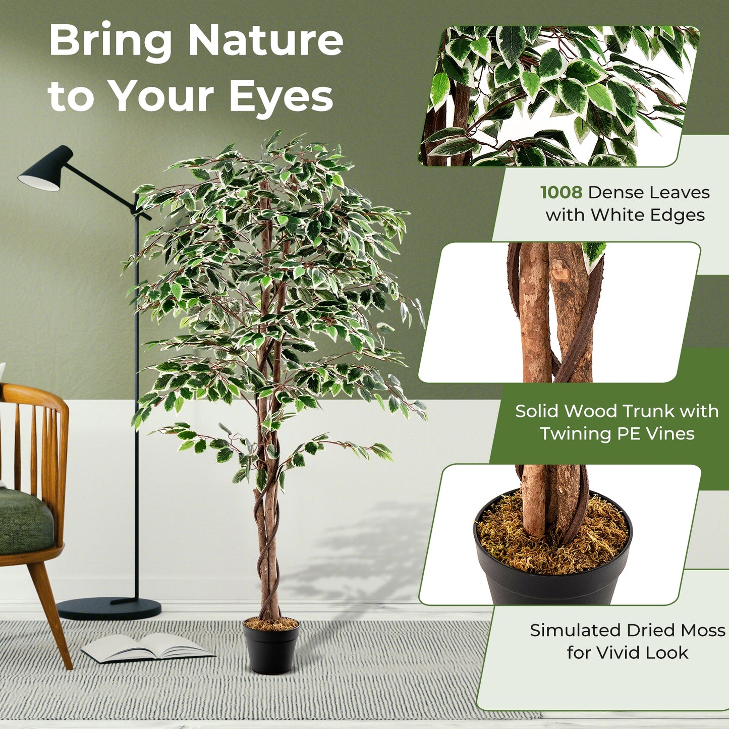 Artificial Ficus Tree Tall Faux Indoor Plant with 1008 Leaves Nursery Pot and Dried Moss Kids Crystal