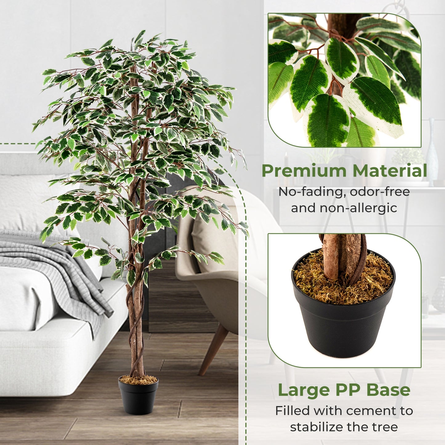 Artificial Ficus Tree Tall Faux Indoor Plant with 1008 Leaves Nursery Pot and Dried Moss Kids Crystal