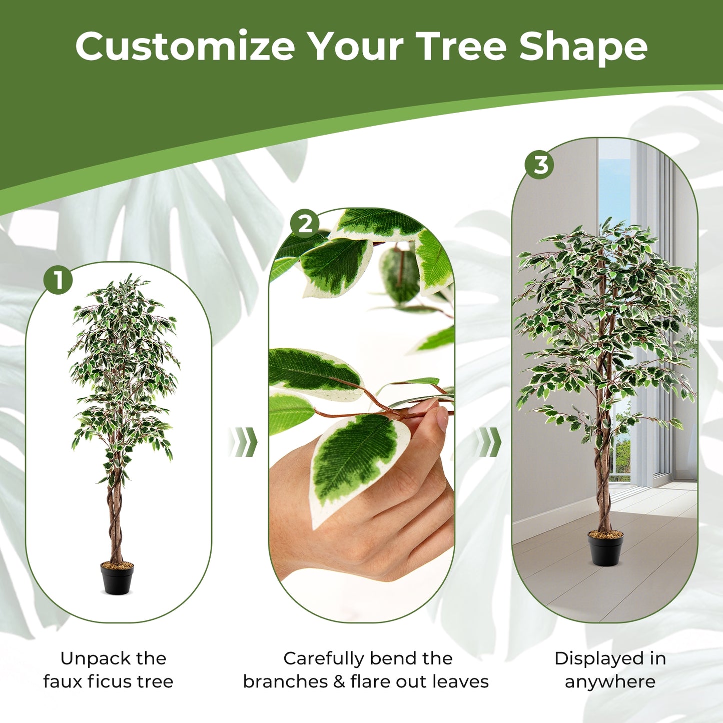 Artificial Ficus Tree Tall Faux Indoor Plant with 1008 Leaves Nursery Pot and Dried Moss Kids Crystal