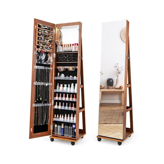 64 Inches Lockable Jewelry Cabinet Armoire with Built-in Makeup Mirror-Brown Kids Crystal