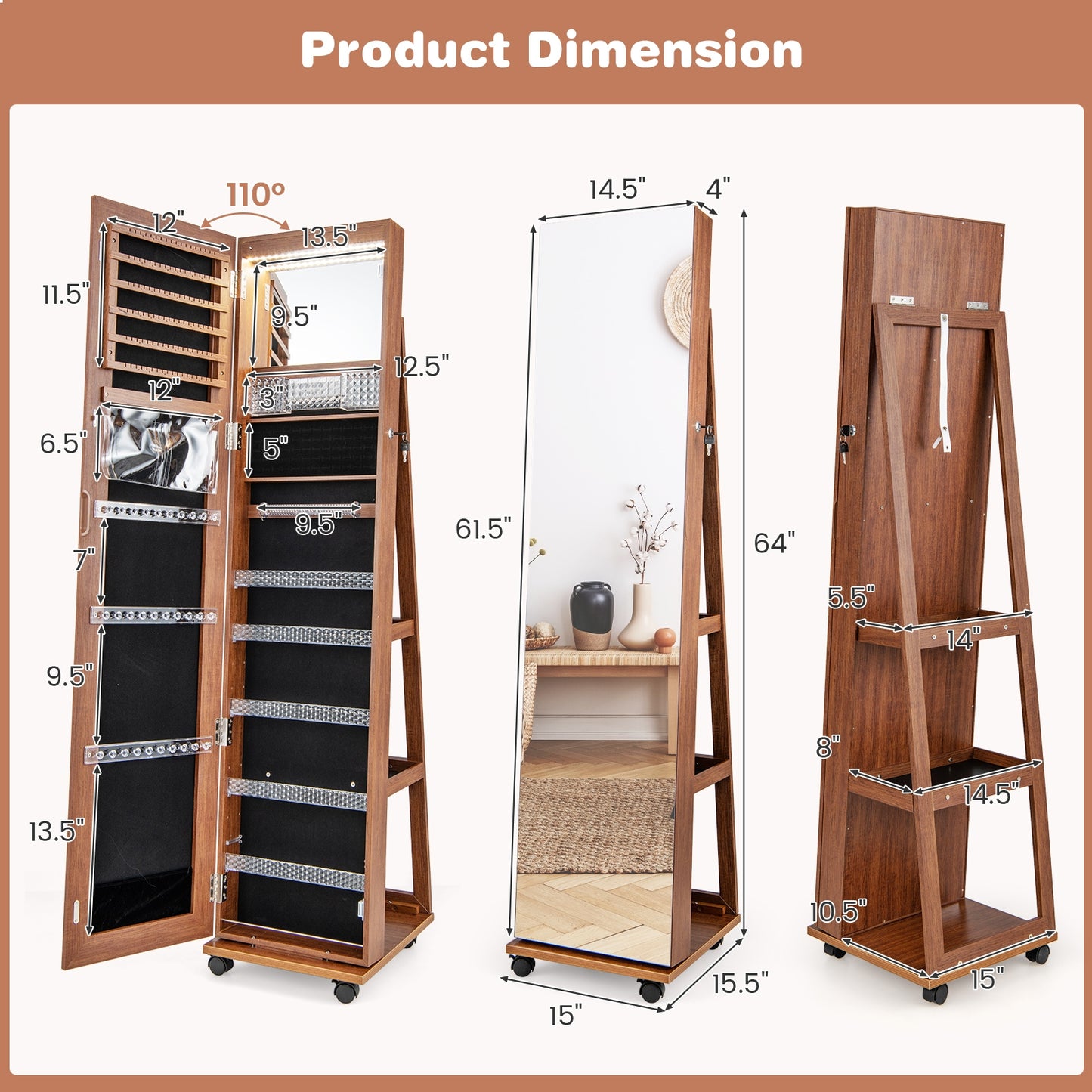 64 Inches Lockable Jewelry Cabinet Armoire with Built-in Makeup Mirror-Brown Kids Crystal
