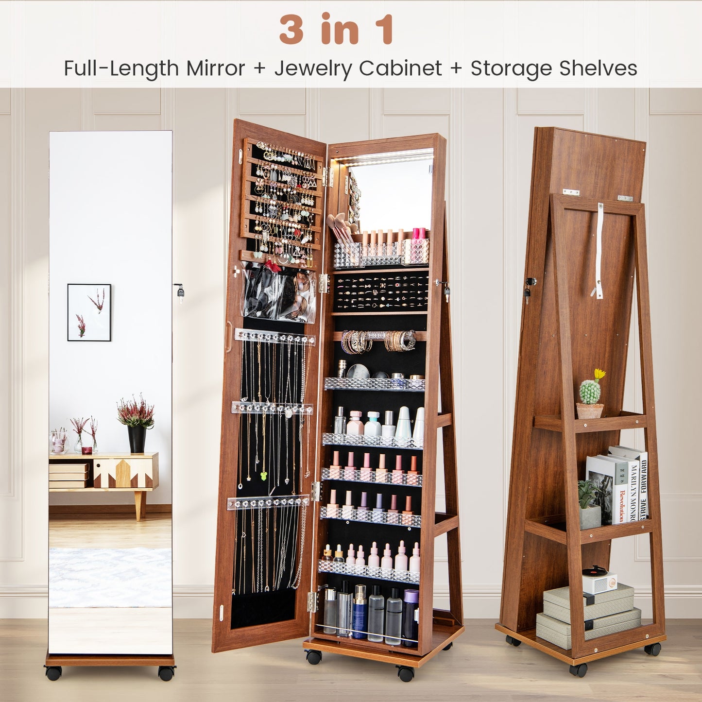 64 Inches Lockable Jewelry Cabinet Armoire with Built-in Makeup Mirror-Brown Kids Crystal