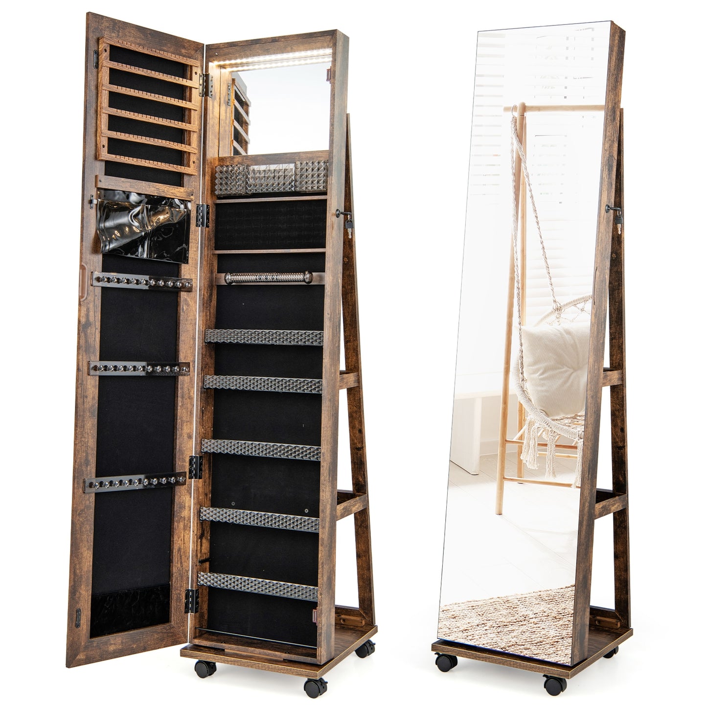 64 Inches Lockable Jewelry Cabinet Armoire with Built-in Makeup Mirror-Coffee Kids Crystal