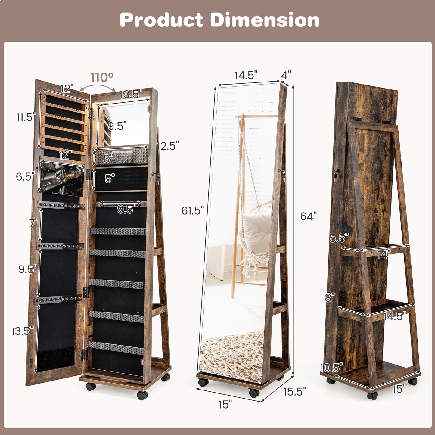 64 Inches Lockable Jewelry Cabinet Armoire with Built-in Makeup Mirror-Coffee Kids Crystal