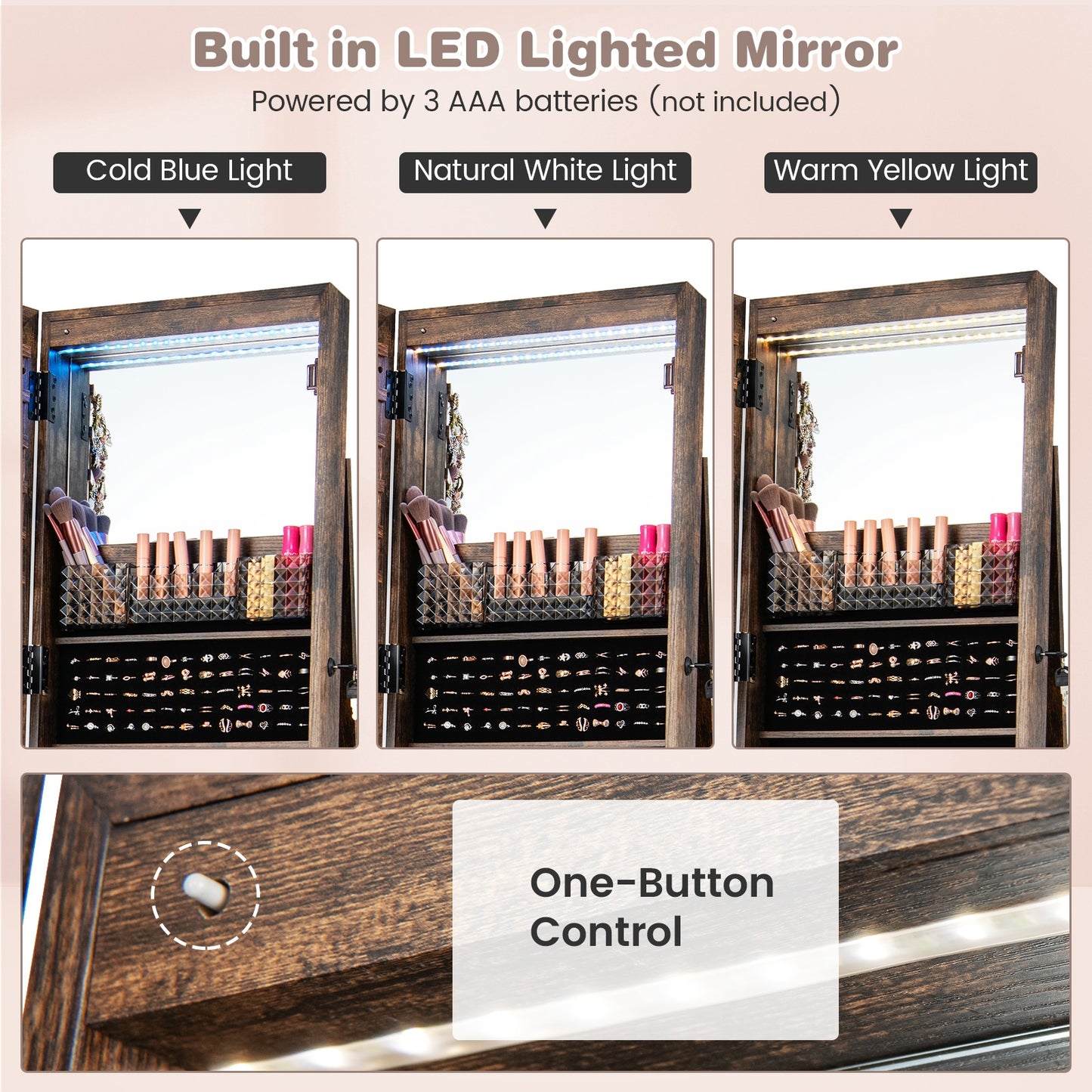 64 Inches Lockable Jewelry Cabinet Armoire with Built-in Makeup Mirror-Coffee Kids Crystal