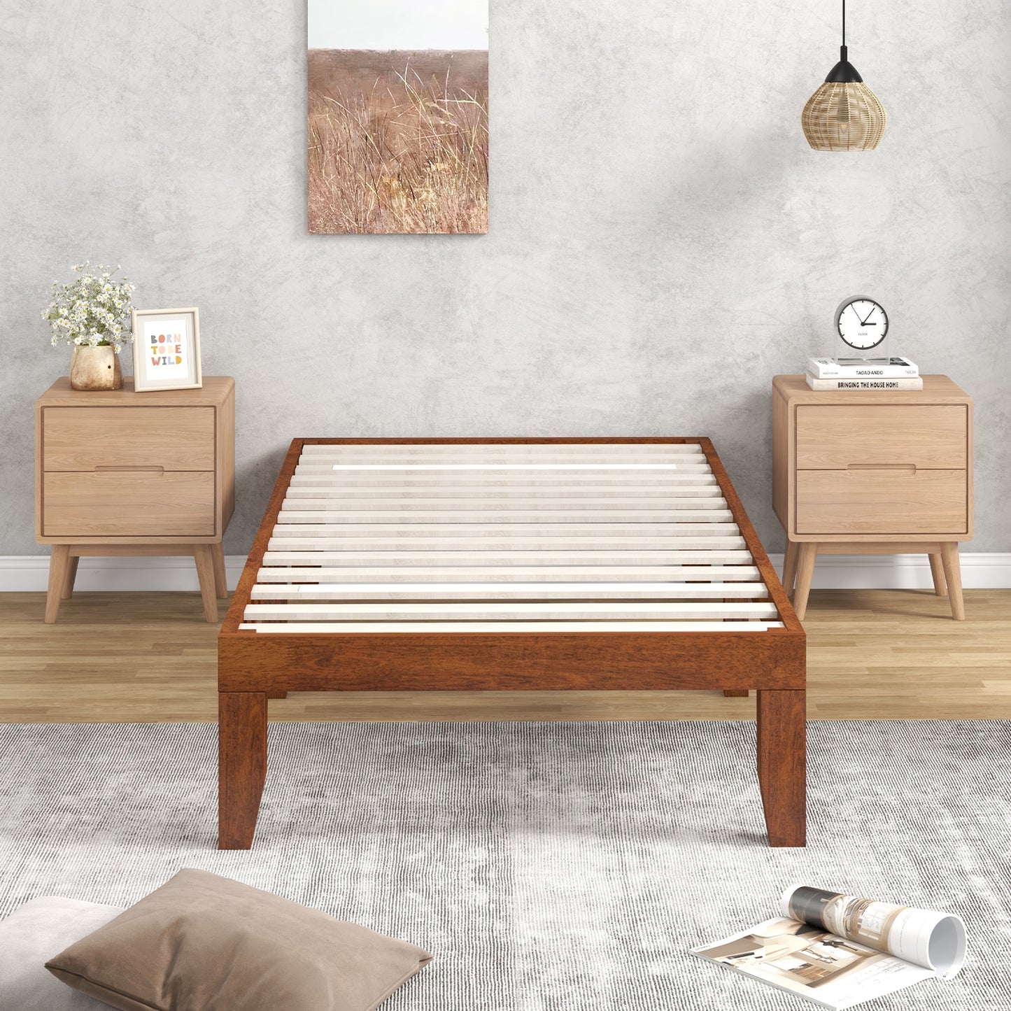14 Inch Twin Size Rubber Wood Platform Bed Frame with Wood Slat Support-Walnut Kids Crystal